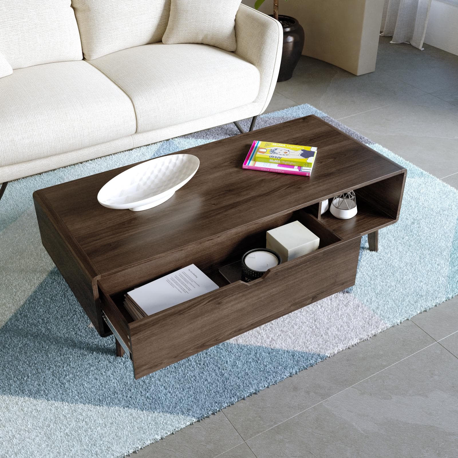 Tavolino 120x38h cm in legno rovere kover con vano a giorno e 1 cassetto - Ember