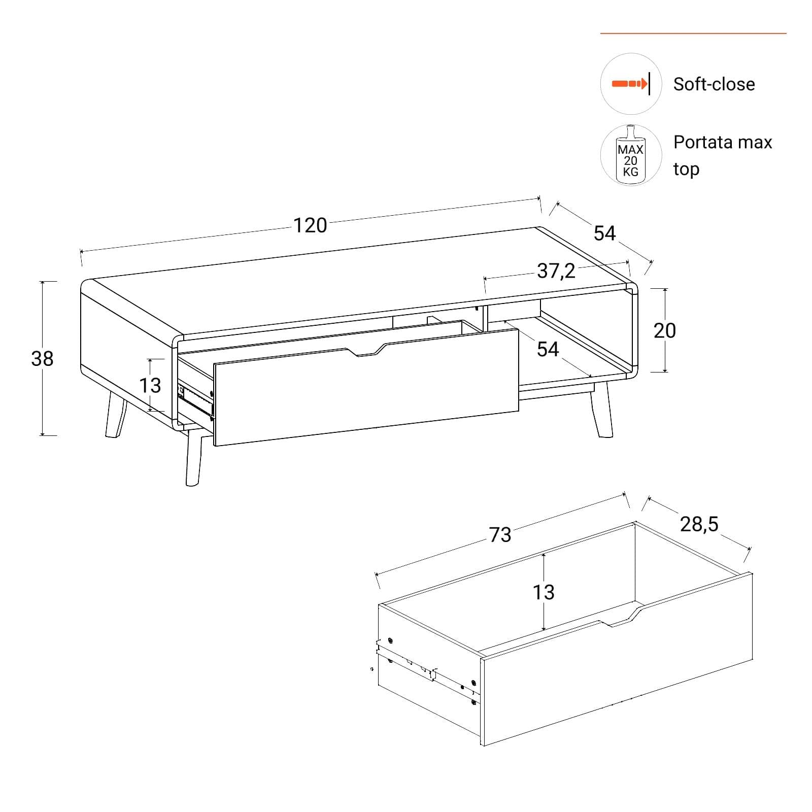 Tavolino 120x38h cm in legno rovere kover con vano a giorno e 1 cassetto - Ember