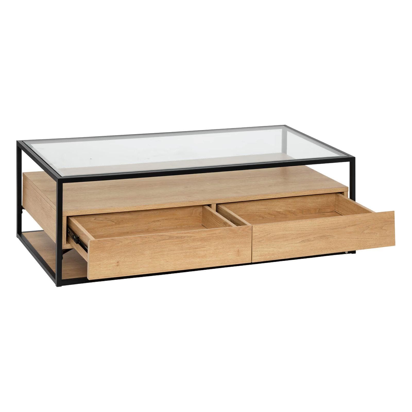 Tavolino contenitore 120x40h cm in legno e acciaio nero con 2 cassetti e top in vetro temperato - Aspen