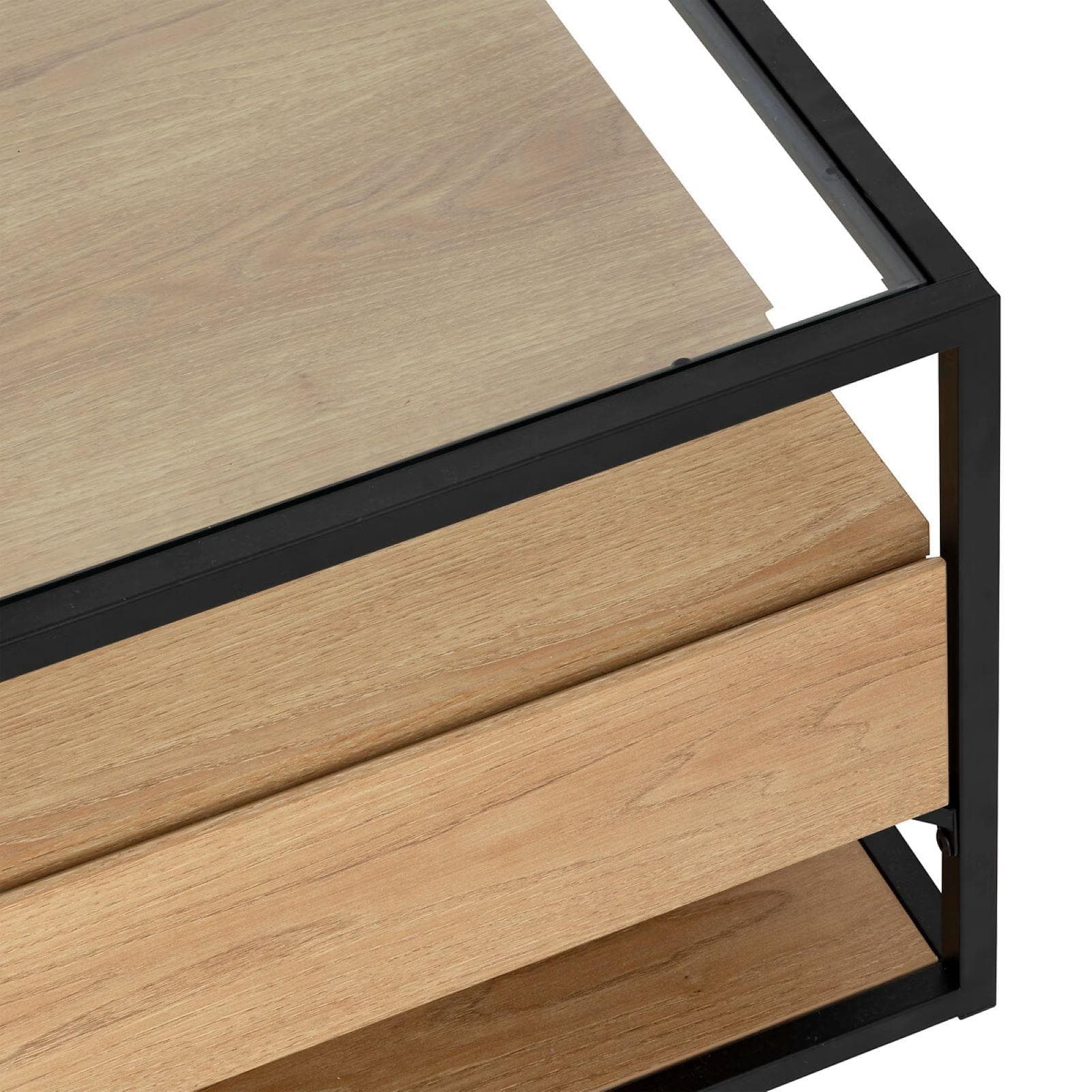 Tavolino contenitore 120x40h cm in legno e acciaio nero con 2 cassetti e top in vetro temperato - Aspen