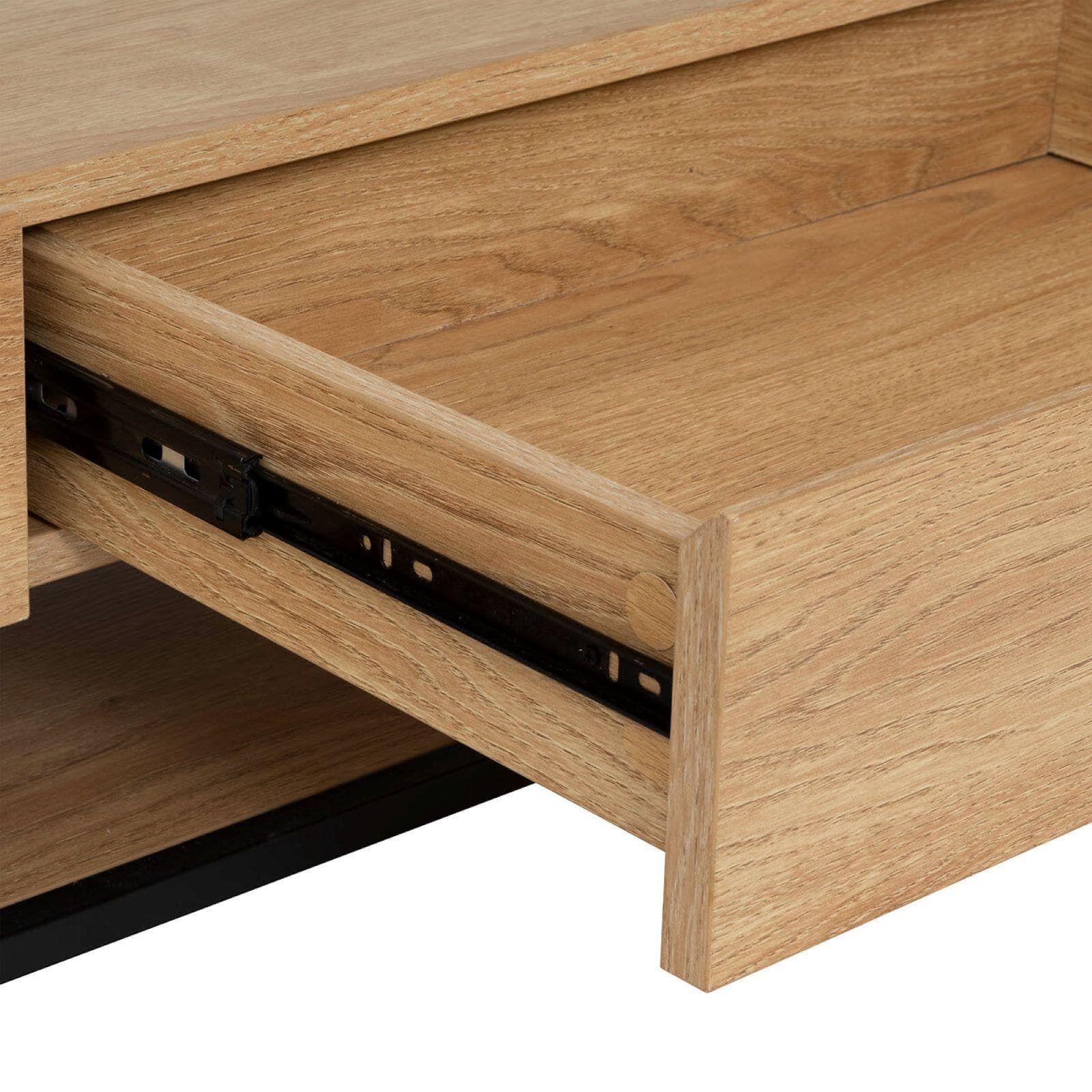 Tavolino contenitore 120x40h cm in legno e acciaio nero con 2 cassetti e top in vetro temperato - Aspen