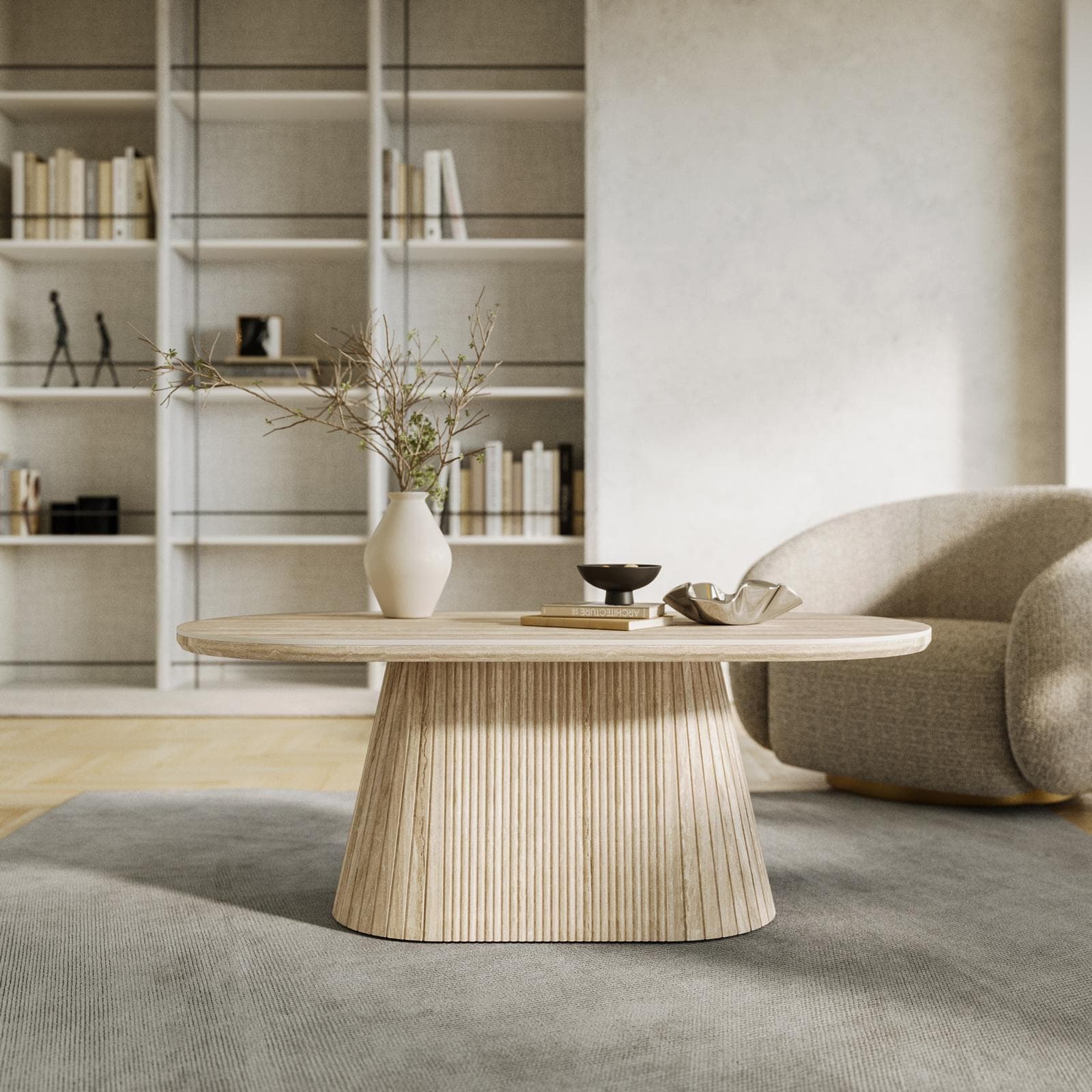 Tavolino 120x60 cm con top in pietra sinterizzata e base cannettata beige - Lenry