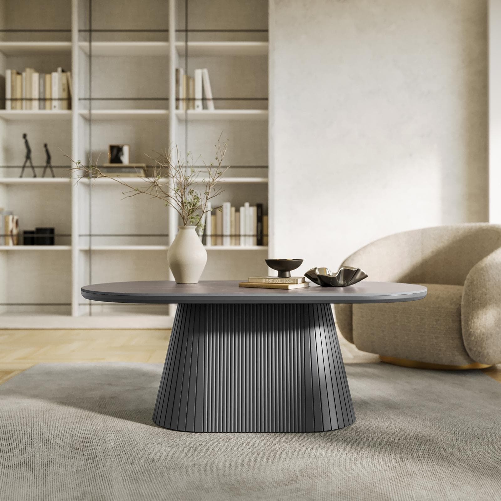 Tavolino 120x60 cm con top in pietra sinterizzata e base cannettata grigio - Lenry