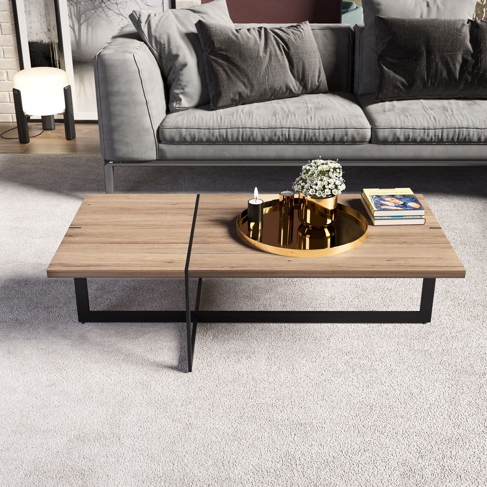 Tavolino 120x60 cm top rovere e gambe in metallo nere - Morfeo