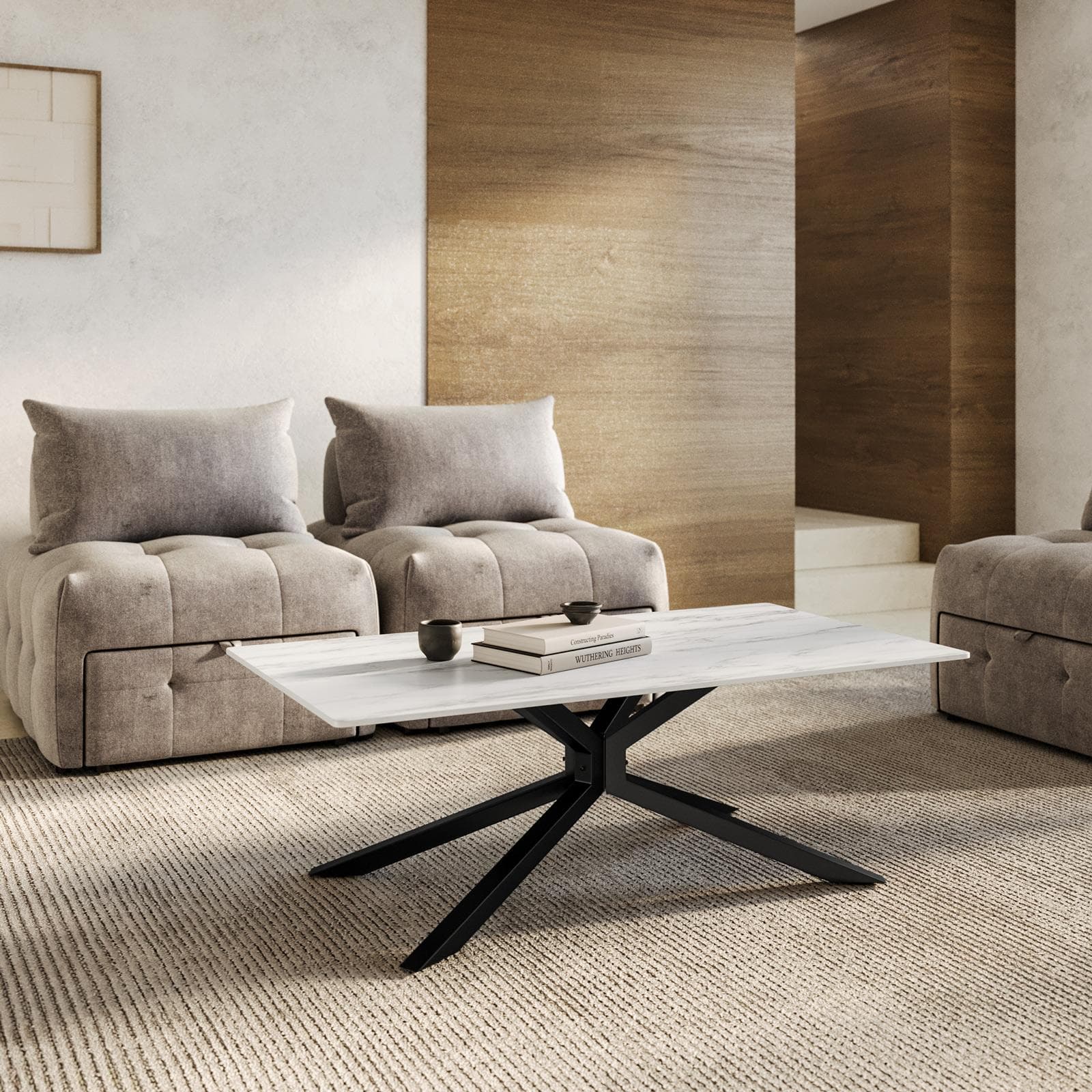 Tavolino 130x70 cm con top in ceramica bianco effetto marmo con gambe in metallo nero - Vitus