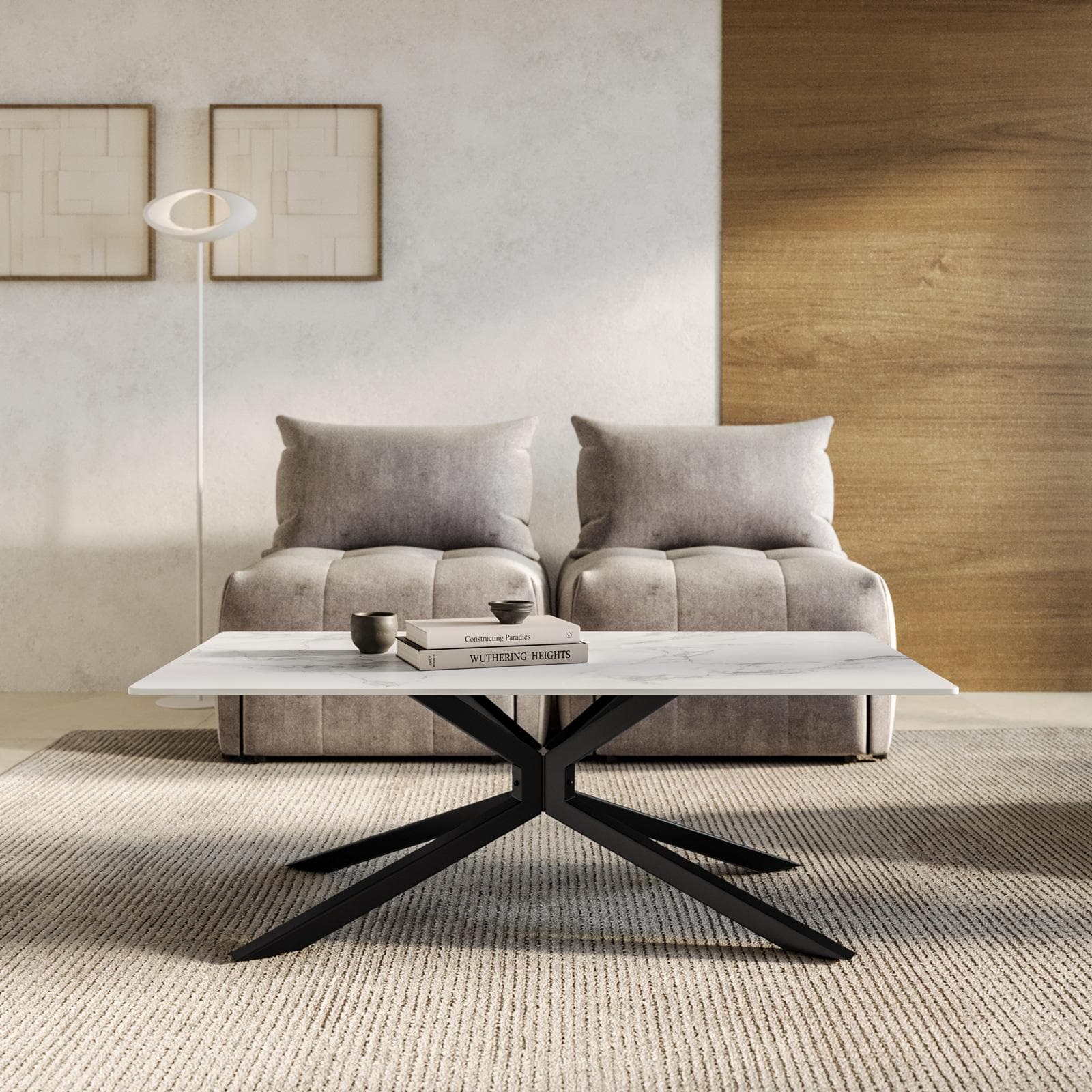 Tavolino 130x70 cm con top in ceramica bianco effetto marmo con gambe in metallo nero - Vitus
