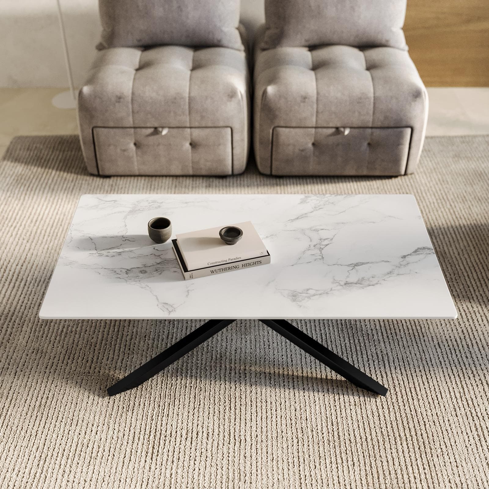 Tavolino 130x70 cm con top in ceramica bianco effetto marmo con gambe in metallo nero - Vitus