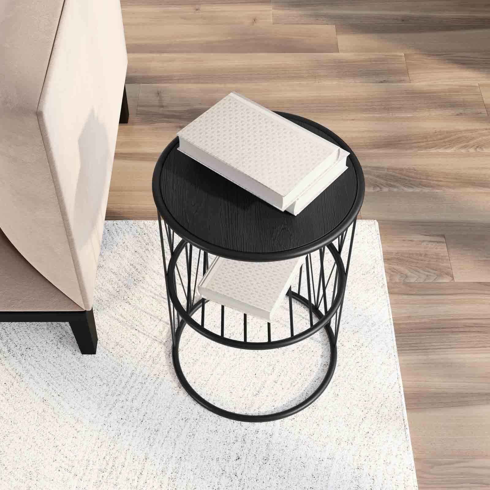 Tavolino rotondo 35 cm top in legno e struttura in acciao nero con ripiano - Lou