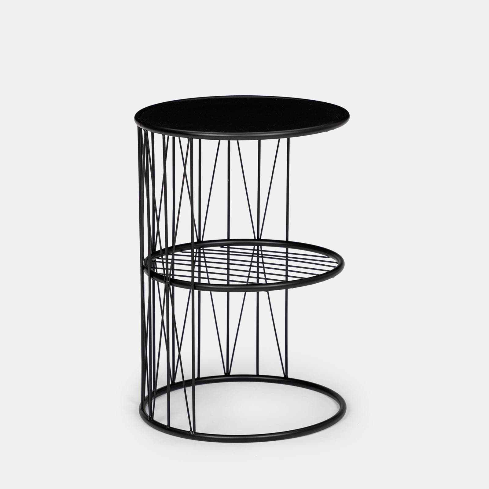 Tavolino rotondo 35 cm top in legno e struttura in acciao nero con ripiano - Lou