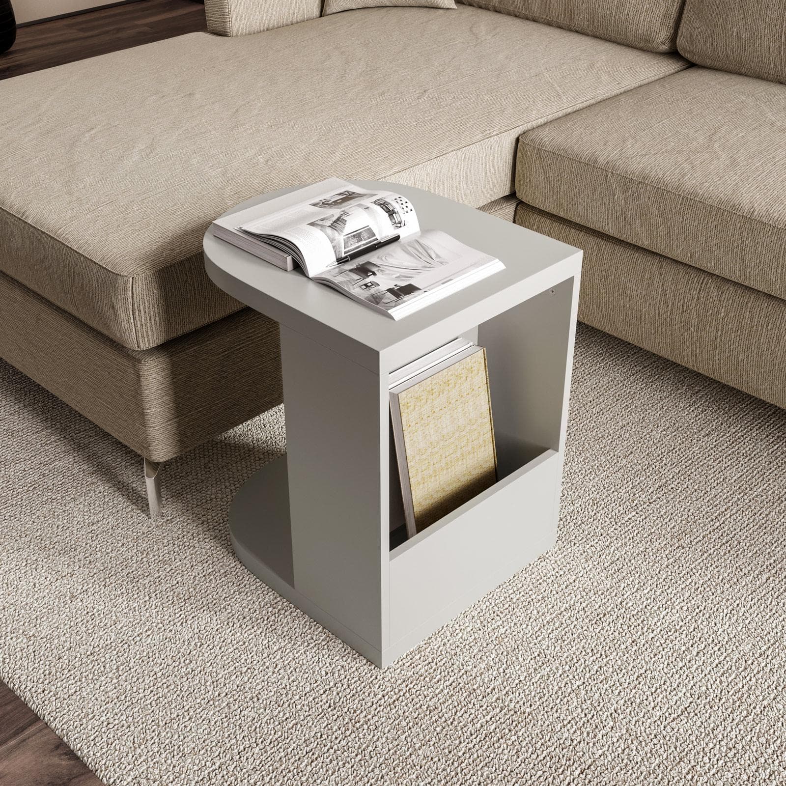 Tavolino 38x45 cm in legno tortora opaco con vano portaoggetti - Dramu