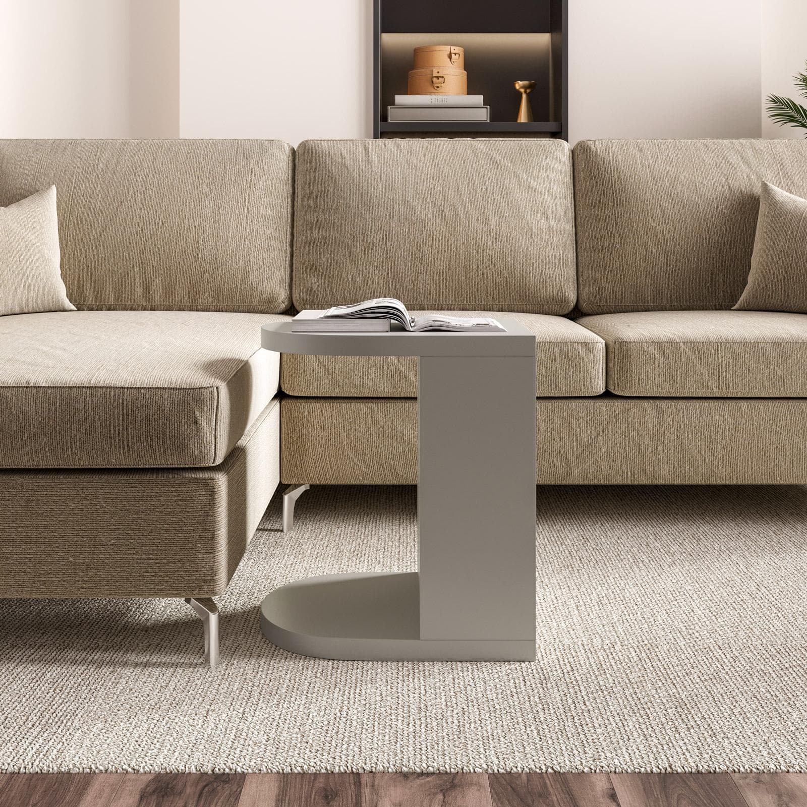 Tavolino 38x45 cm in legno tortora opaco con vano portaoggetti - Dramu