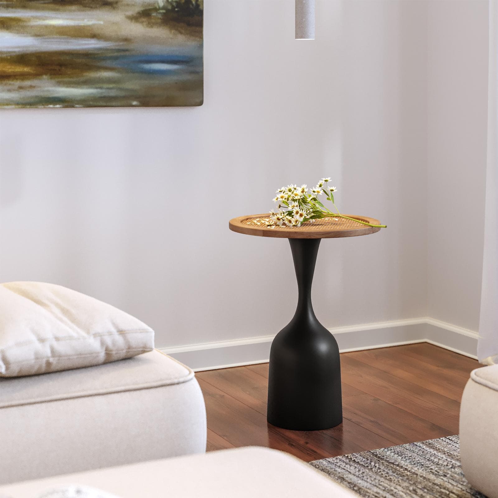 Tavolino rotondo 40 cm con piano in rattan naturale e base in metallo nero - Chiswick