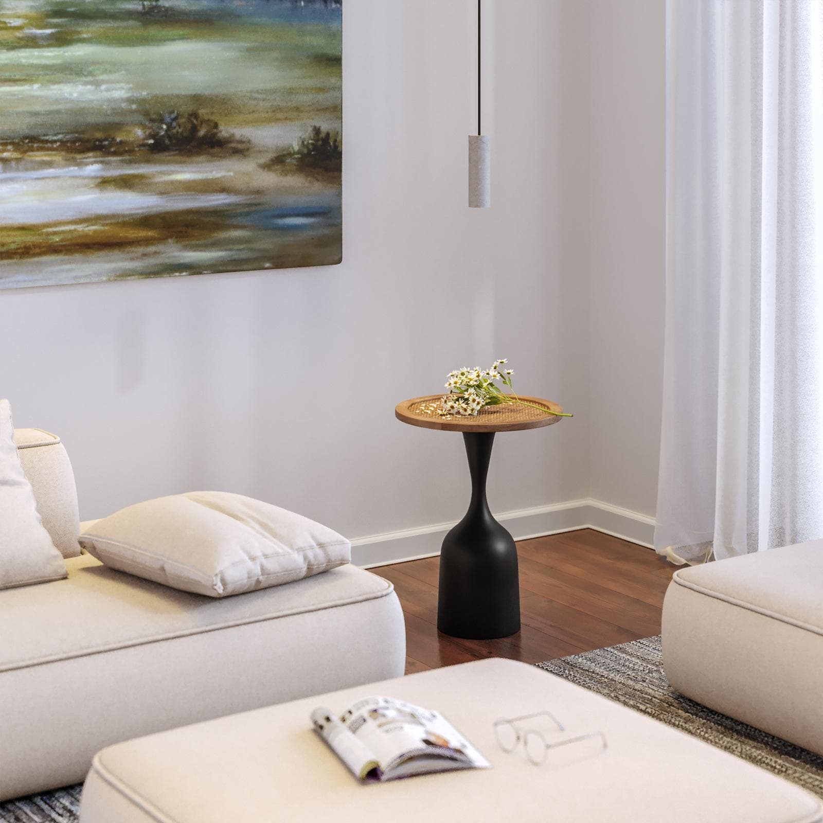 Tavolino rotondo 40 cm con piano in rattan naturale e base in metallo nero - Chiswick