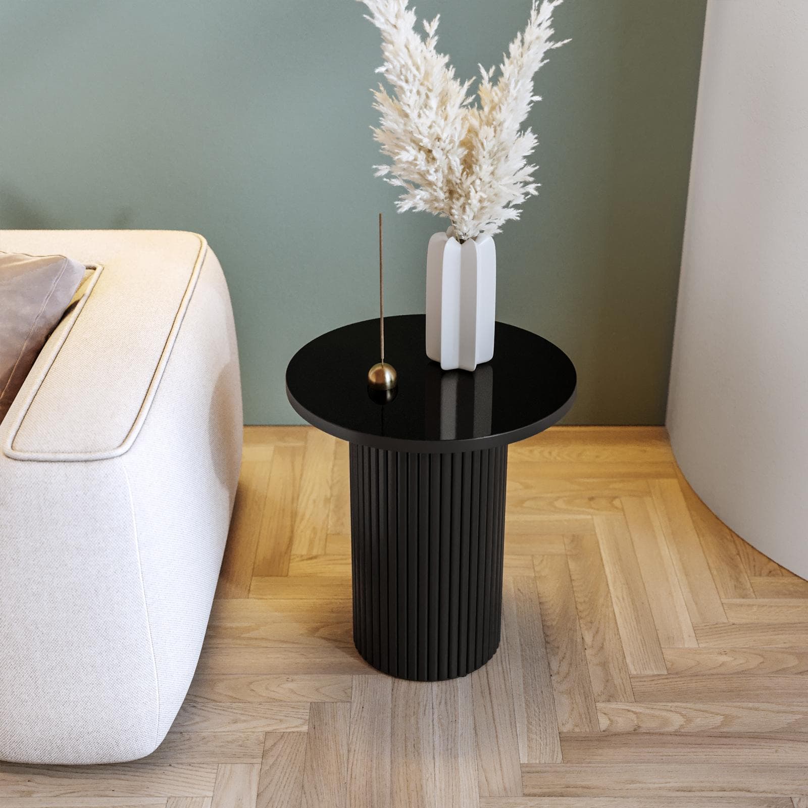 Tavolino rotondo 40 cm con top in marmo nero e base in legno nero cannettato - Felipe