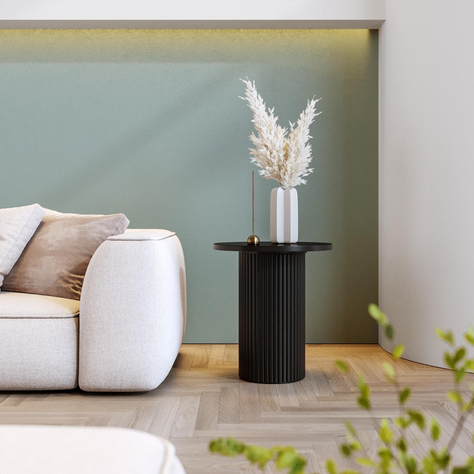 Tavolino rotondo 40 cm con top in marmo nero e base in legno nero cannettato - Felipe