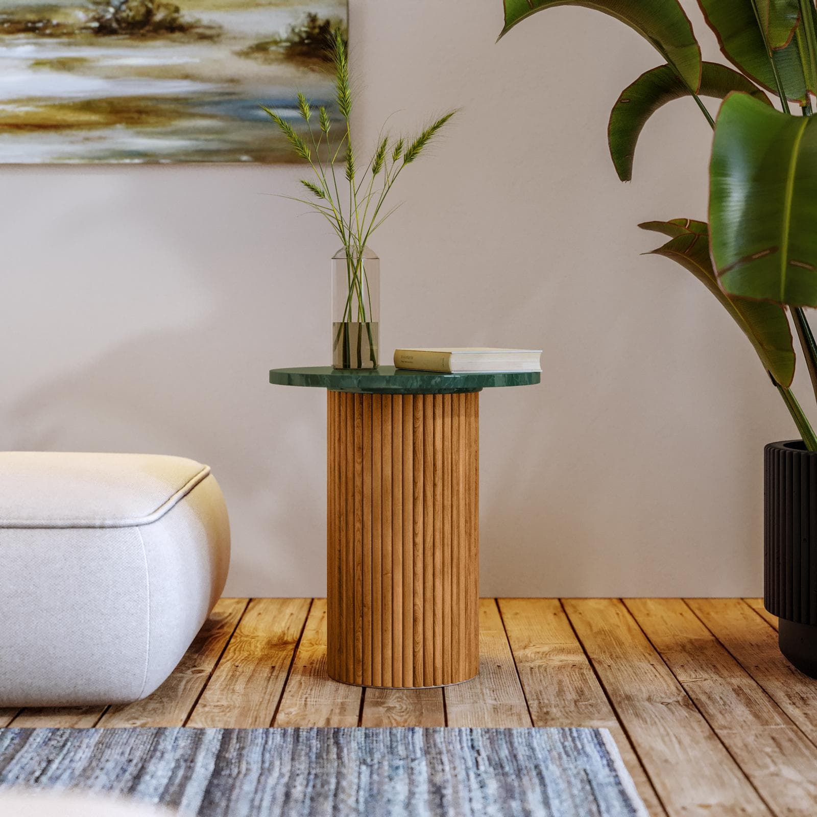 Tavolino rotondo 40 cm con top in marmo verde e base in legno naturale cannettato - Khalid