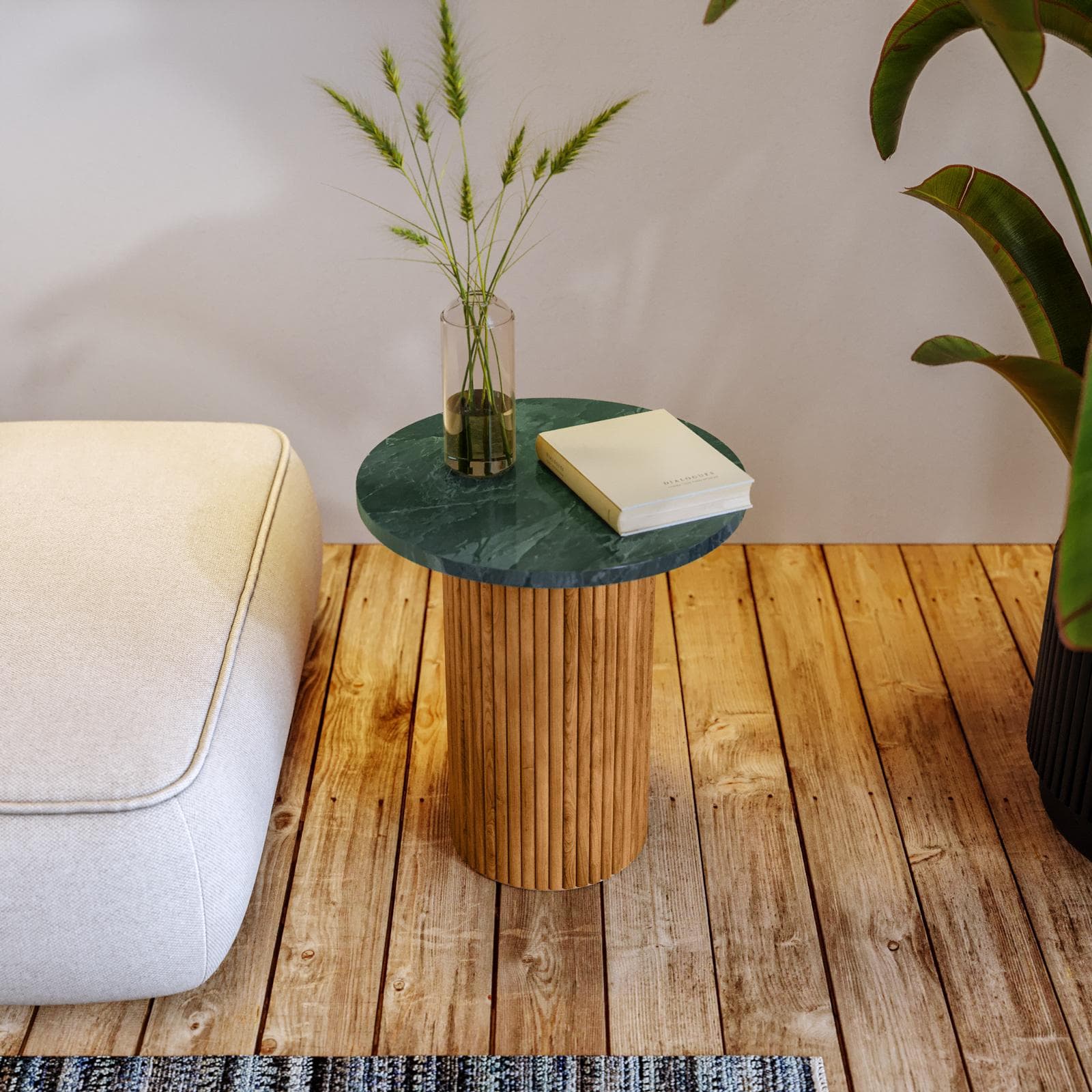 Tavolino rotondo 40 cm con top in marmo verde e base in legno naturale cannettato - Khalid
