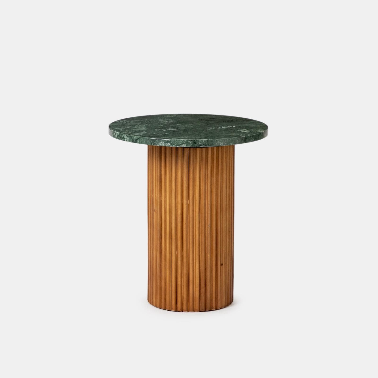 Tavolino rotondo 40 cm con top in marmo verde e base in legno naturale cannettato - Khalid