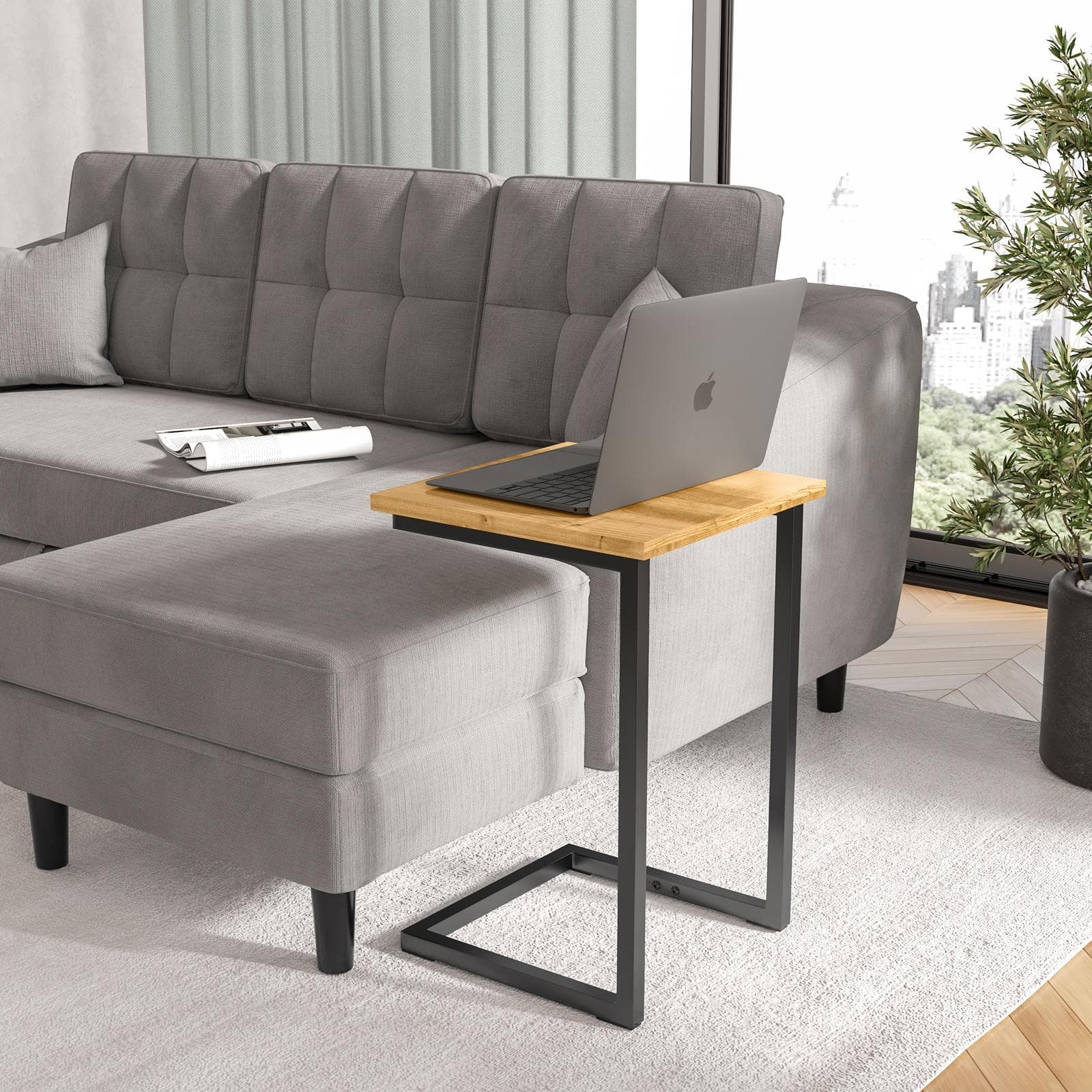 Tavolino 40x40 cm con top rovere e struttura in metallo nero - Rayne
