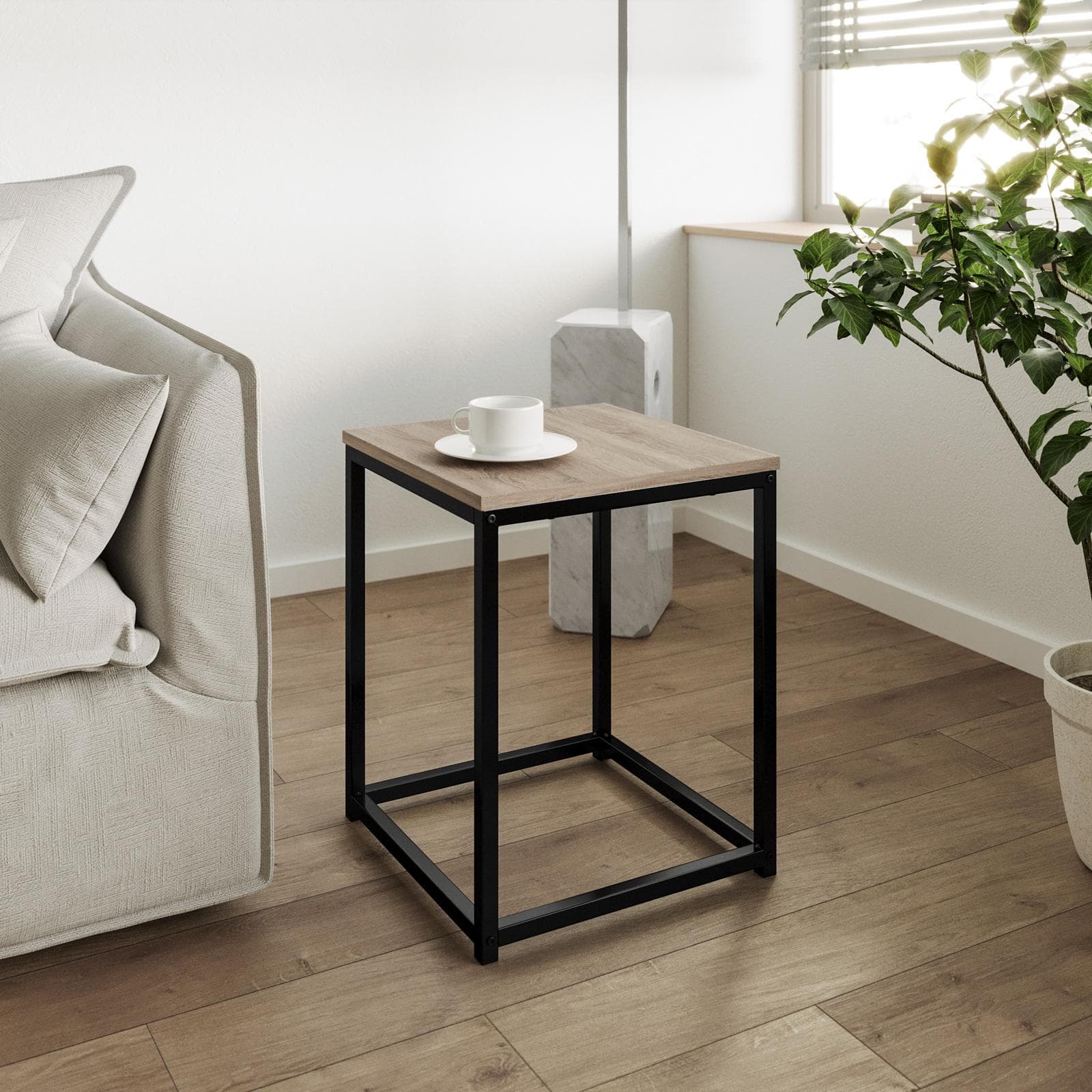 Tavolino 40x40 cm effetto rovere selvatico e struttura in acciaio nero - Broderick