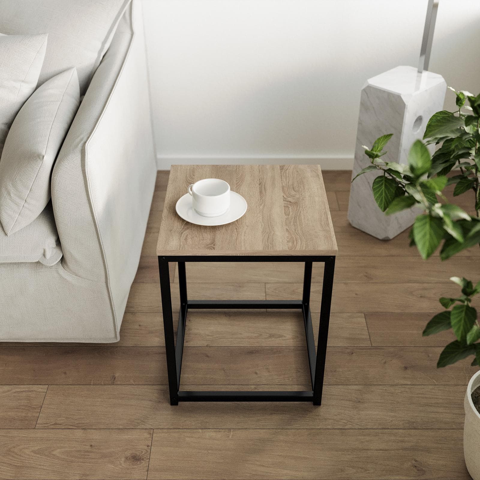 Tavolino 40x40 cm effetto rovere selvatico e struttura in acciaio nero - Broderick