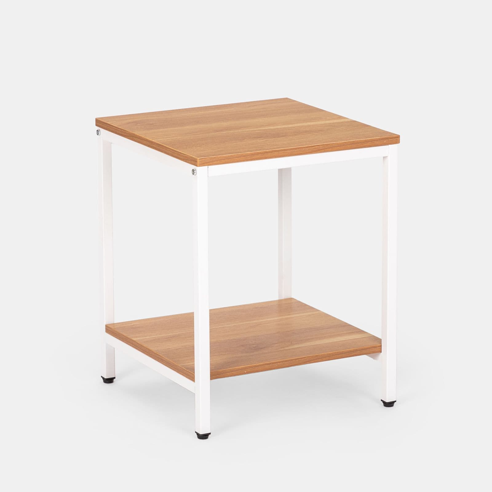 Tavolino 40x40 cm con ripiani effetto rovere e struttura in metallo bianco - Caio