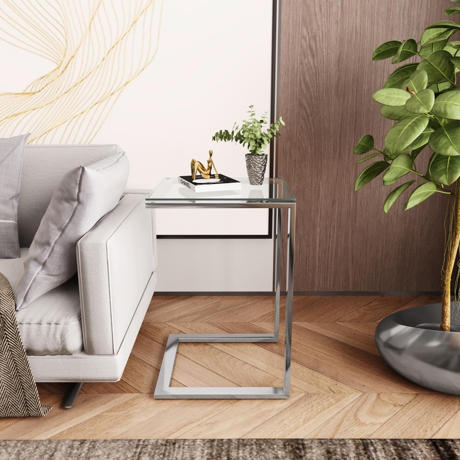 Tavolino 40x60h cm in acciaio cromo con piano in vetro - Guvia