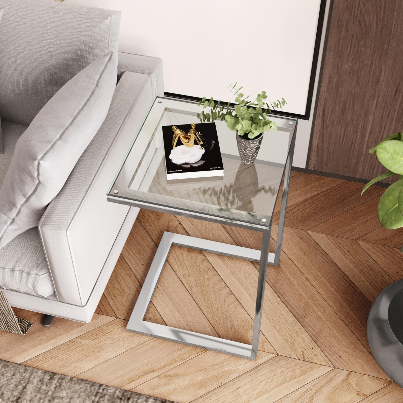 Tavolino 40x60h cm in acciaio cromo con piano in vetro - Guvia