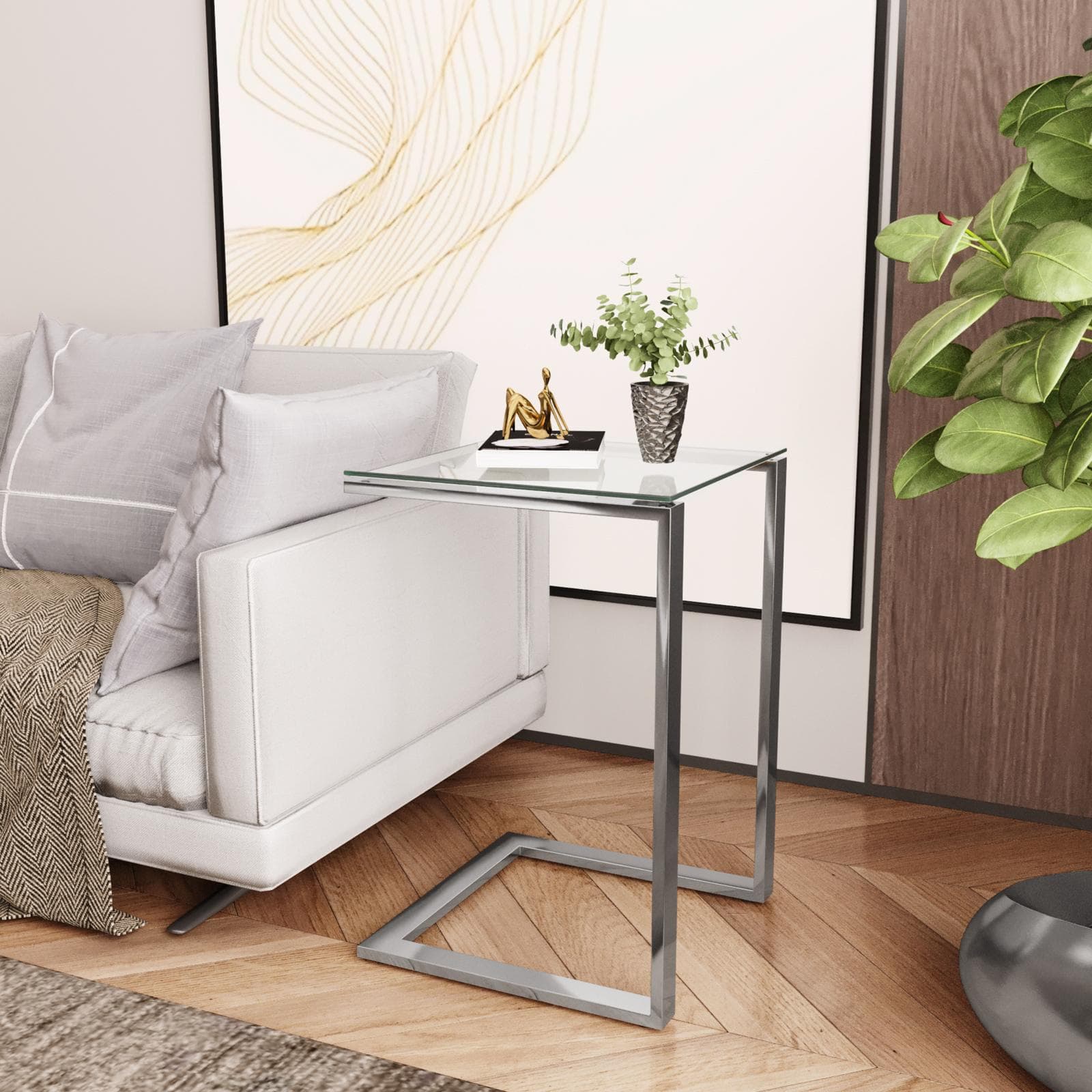 Tavolino 40x60h cm in acciaio cromo con piano in vetro - Guvia