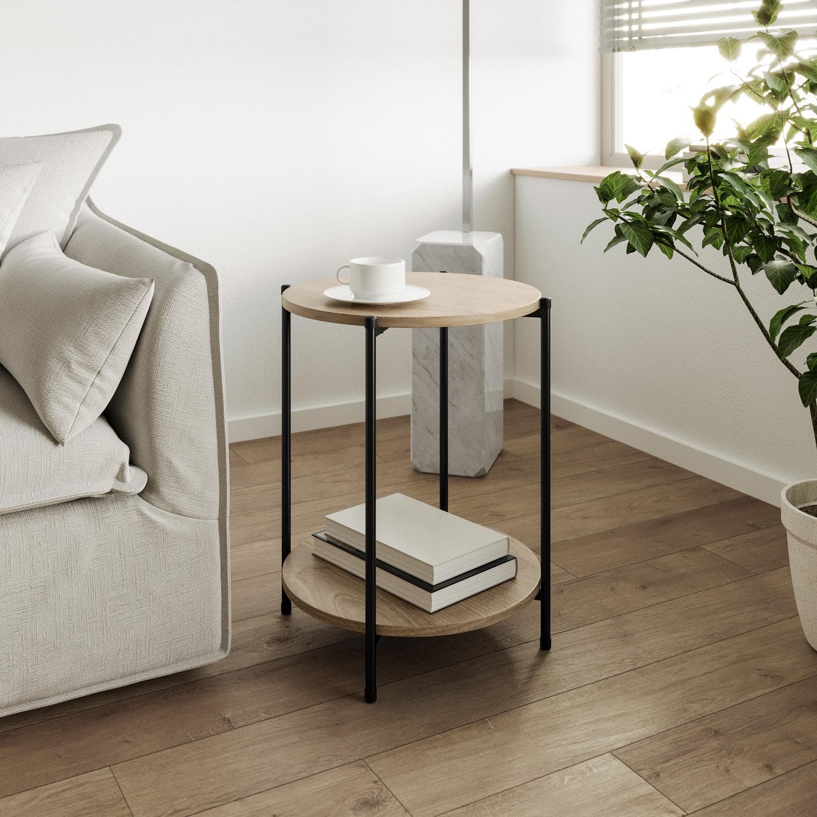 Tavolino 43 cm con top effetto rovere moderno e gambe in acciaio nero - Broderick