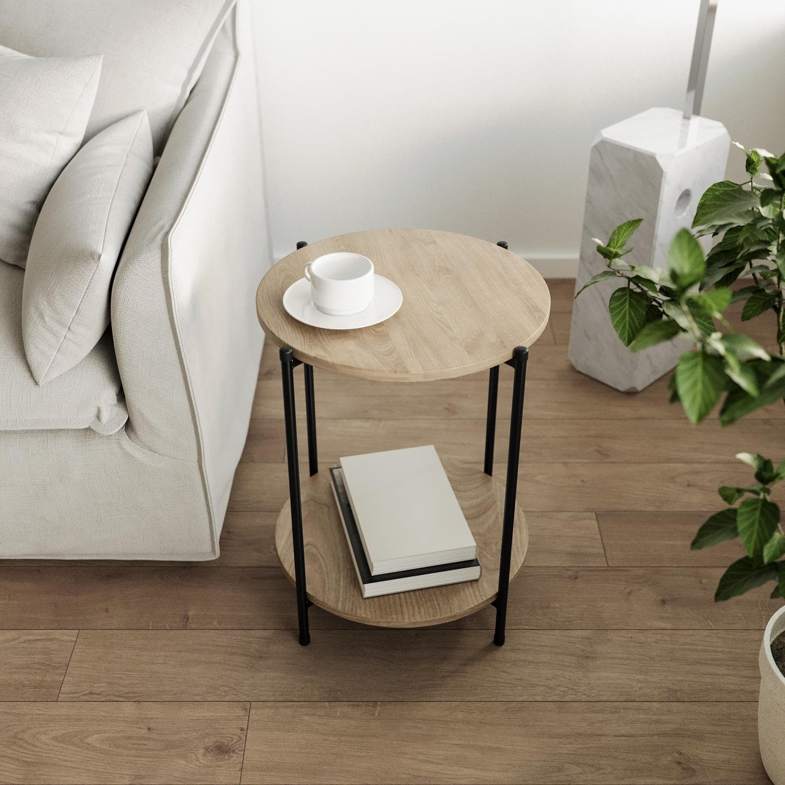 Tavolino 43 cm con top effetto rovere moderno e gambe in acciaio nero - Broderick