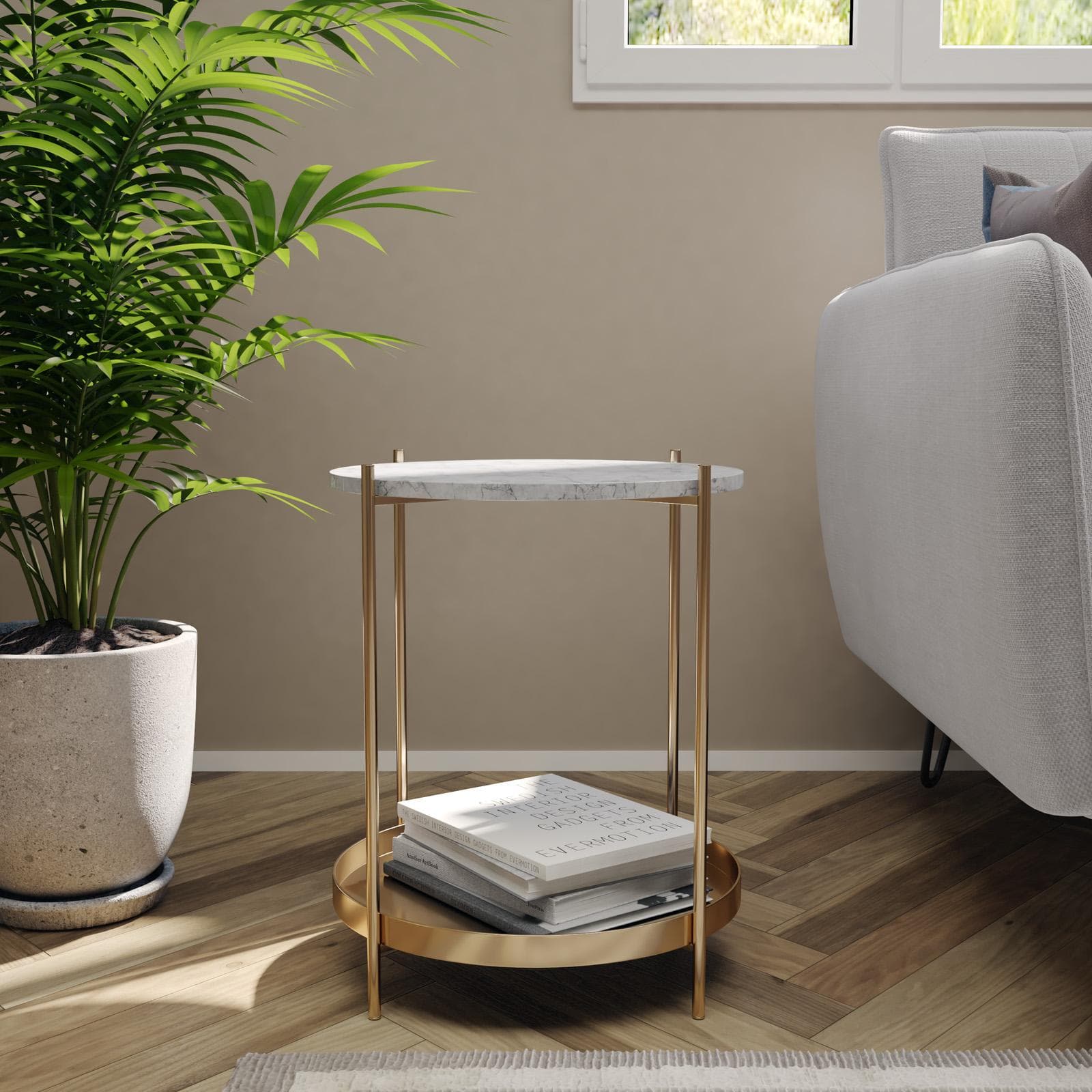 Tavolino rotondo 45 cm top effetto marmo e gambe in metallo oro - Richmond