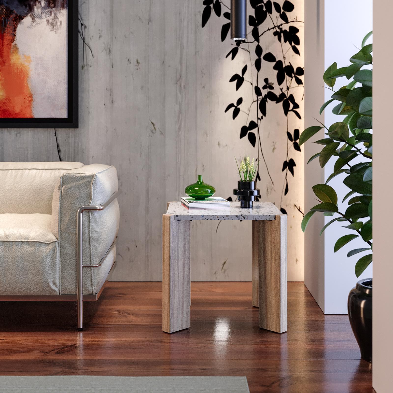 Tavolino 45x45 cm con top in pietra terrazzo bianco e gambe in legno - Yeats