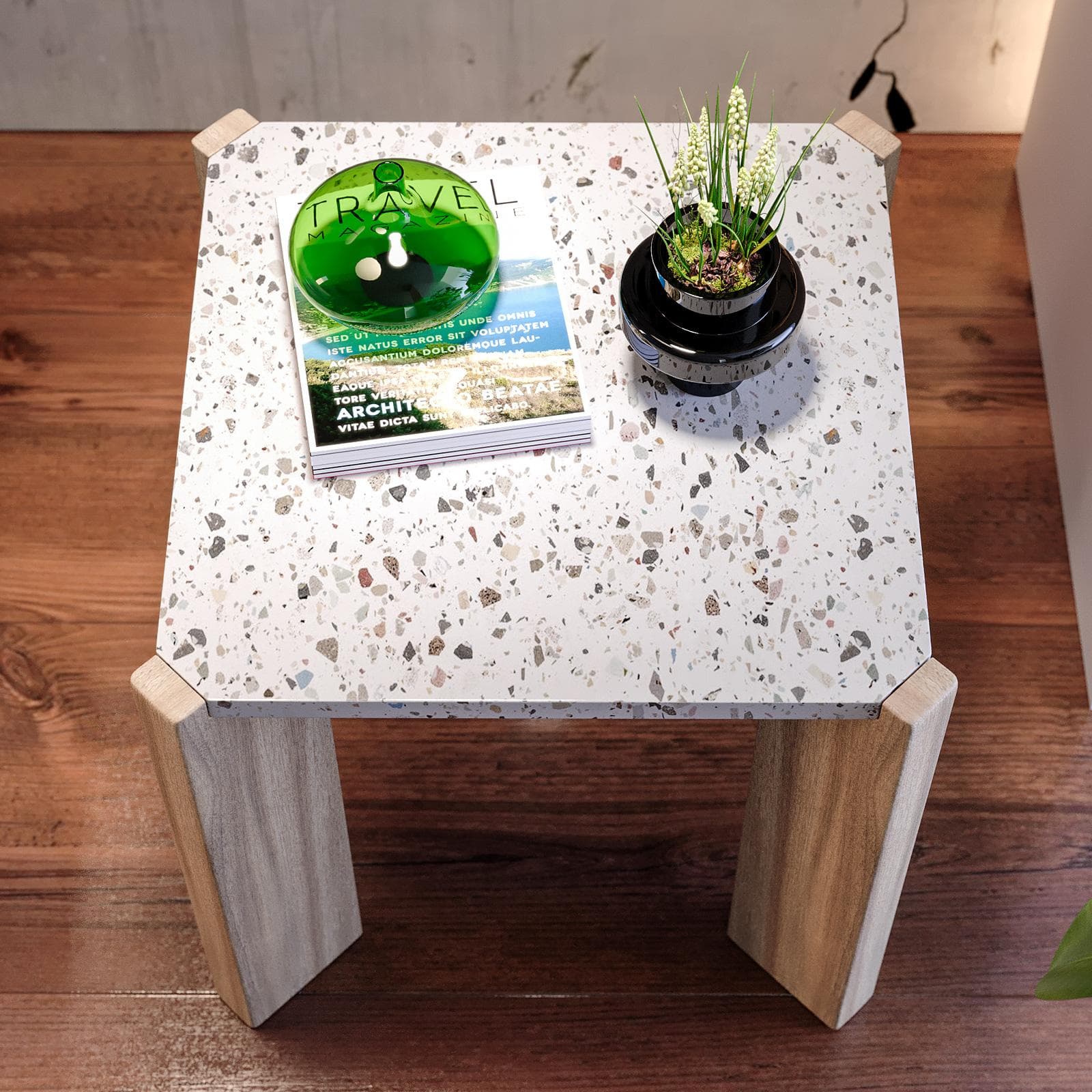 Tavolino 45x45 cm con top in pietra terrazzo bianco e gambe in legno - Yeats