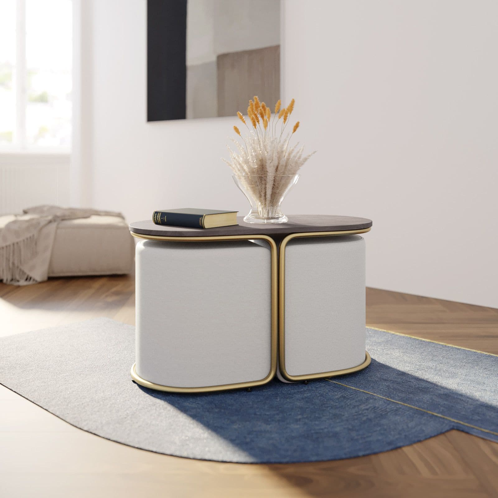 Tavolino 78x45h cm top effetto legno con due pouf estraibili in tessuto bianco - Bonnie