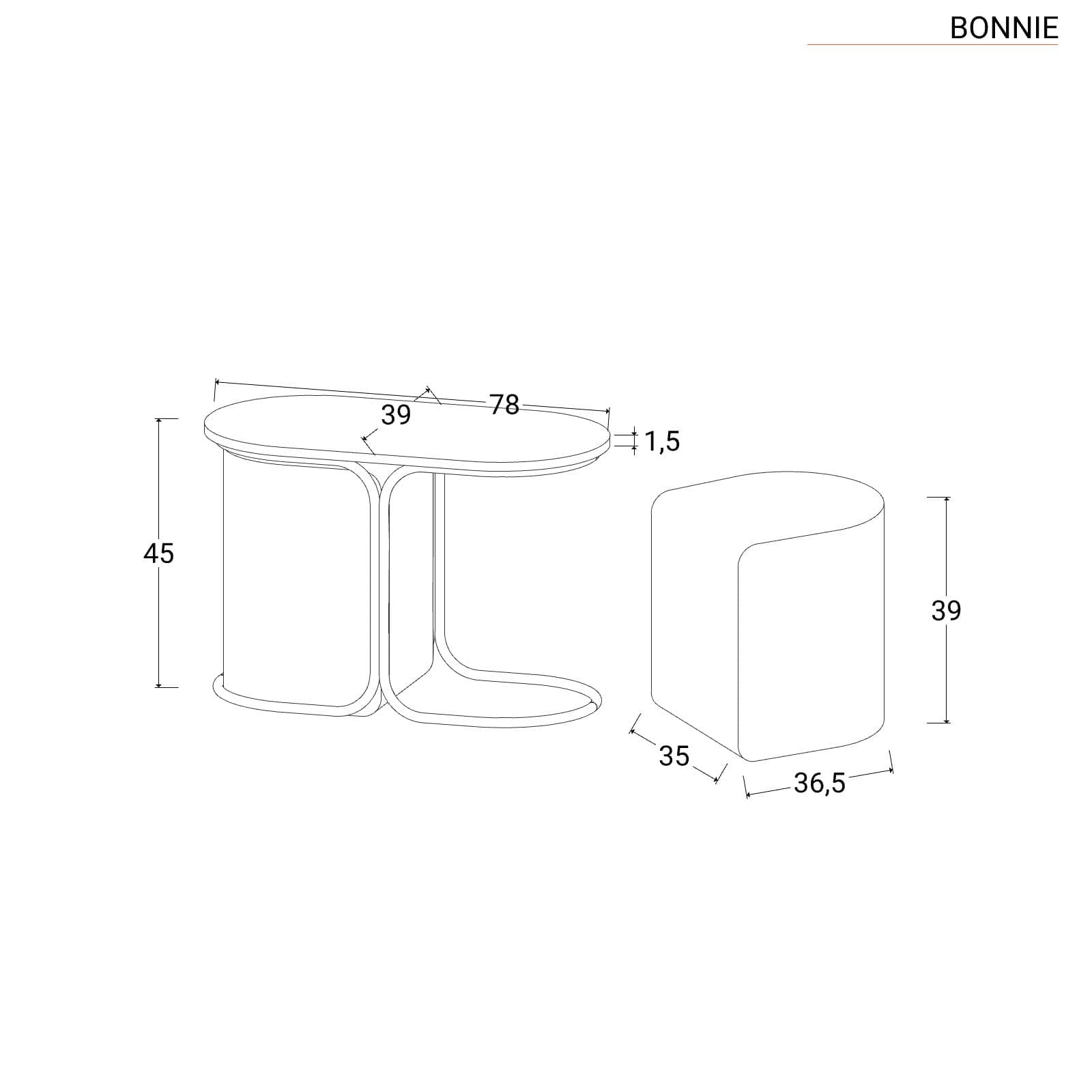 Tavolino 78x45h cm top effetto legno con due pouf estraibili in tessuto bianco - Bonnie
