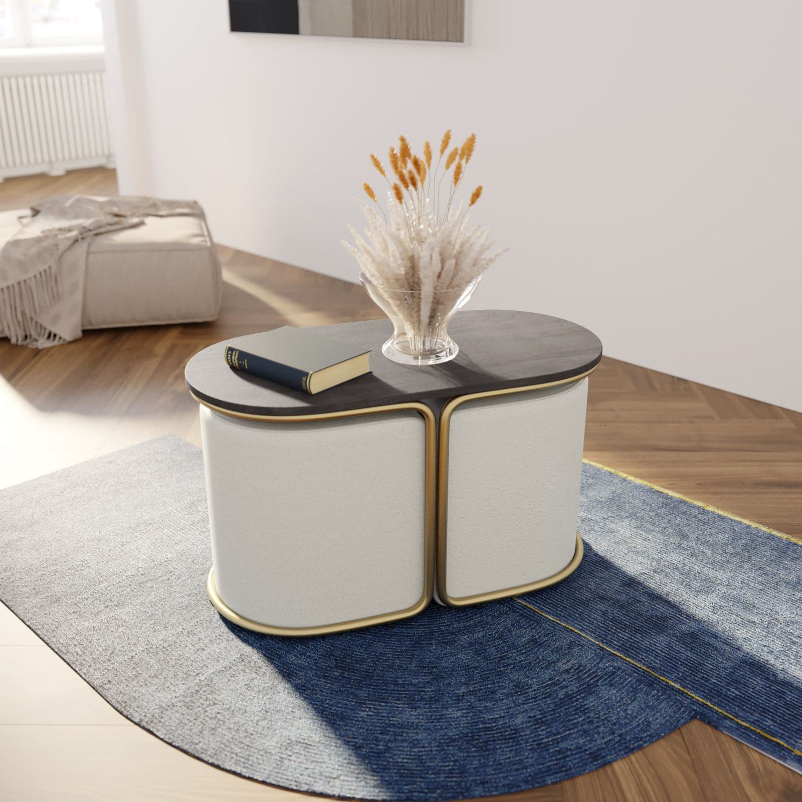 Tavolino 78x45h cm top effetto legno con due pouf estraibili in tessuto bianco - Bonnie