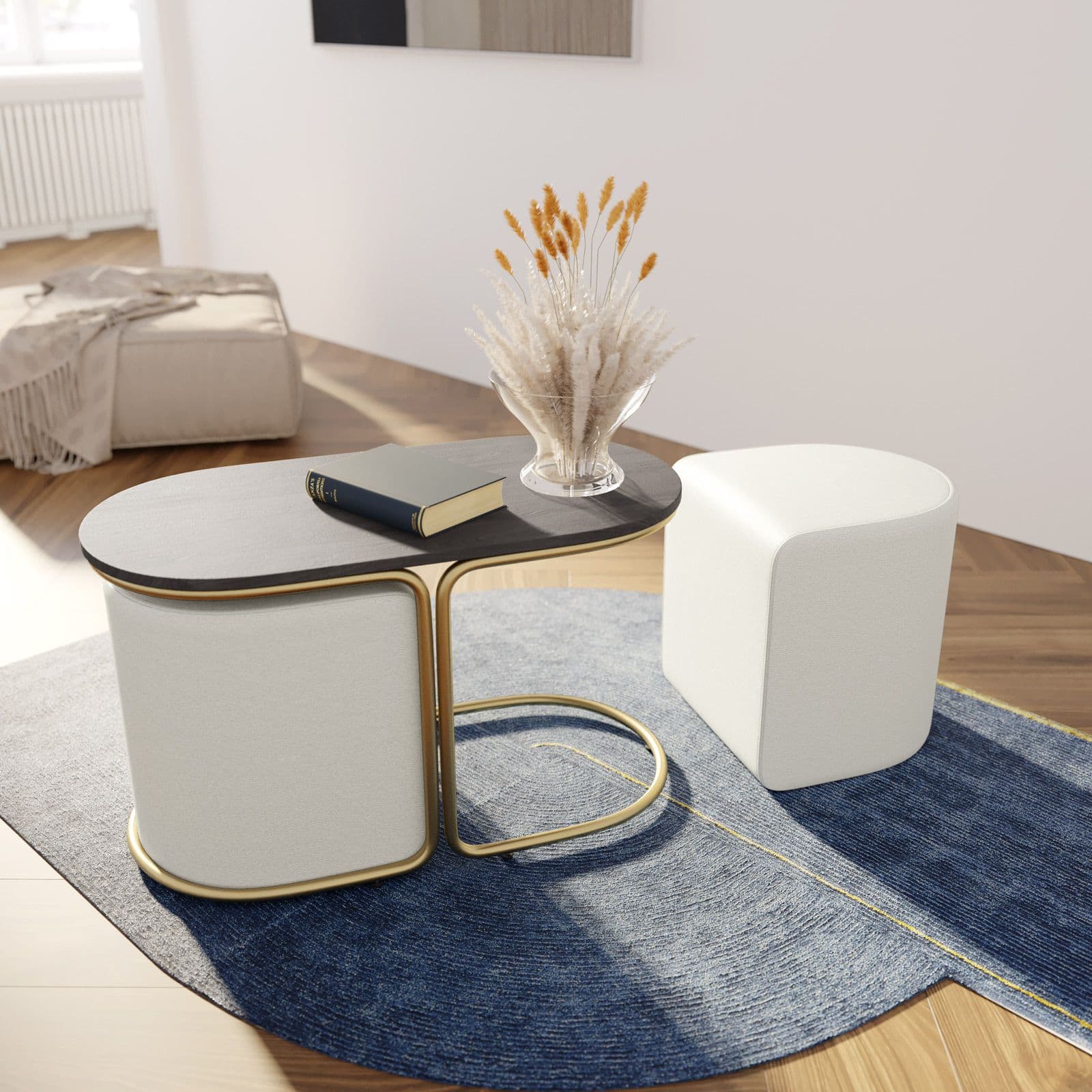 Tavolino 78x45h cm top effetto legno con due pouf estraibili in tessuto bianco - Bonnie
