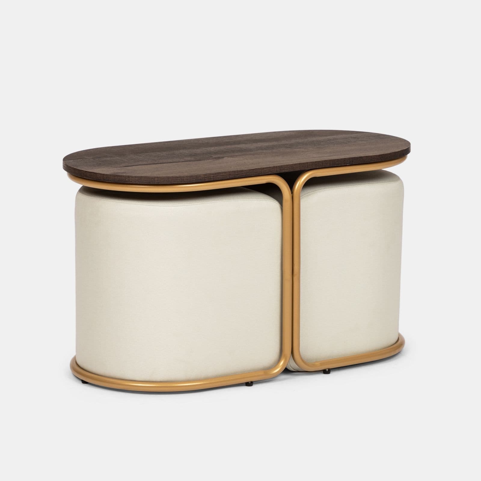 Tavolino 78x45h cm top effetto legno con due pouf estraibili in tessuto bianco - Bonnie
