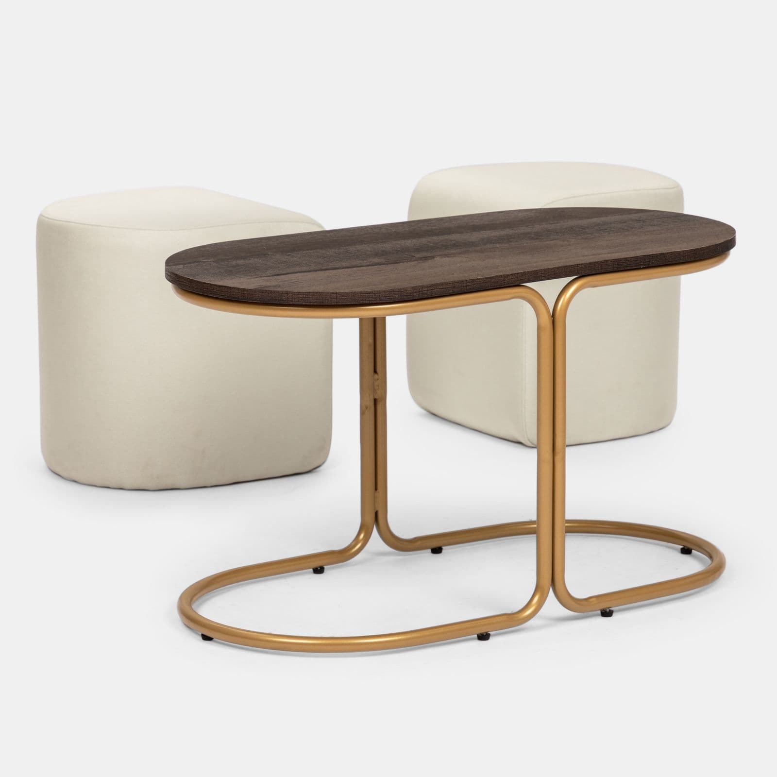 Tavolino 78x45h cm top effetto legno con due pouf estraibili in tessuto bianco - Bonnie