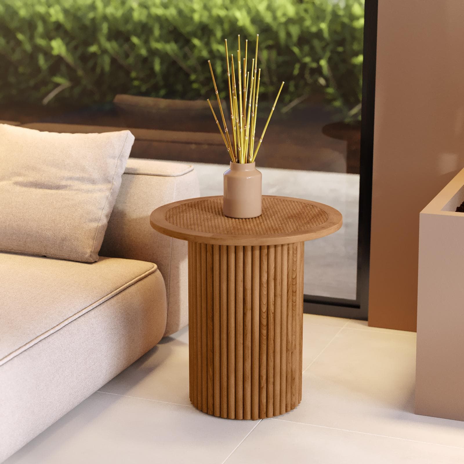 Tavolino rotondo 50 cm con top in rattan e base in legno naturale cannettato - Khalid