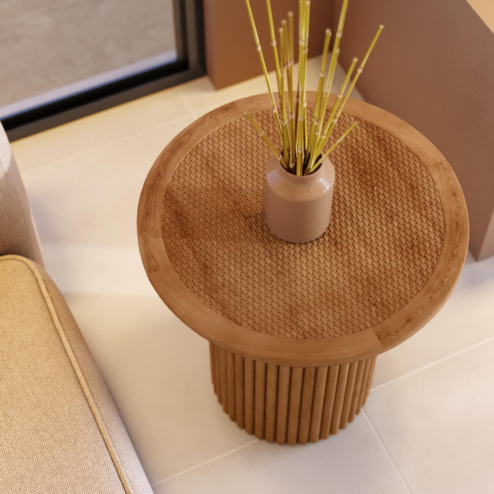 Tavolino rotondo 50 cm con top in rattan e base in legno naturale cannettato - Khalid