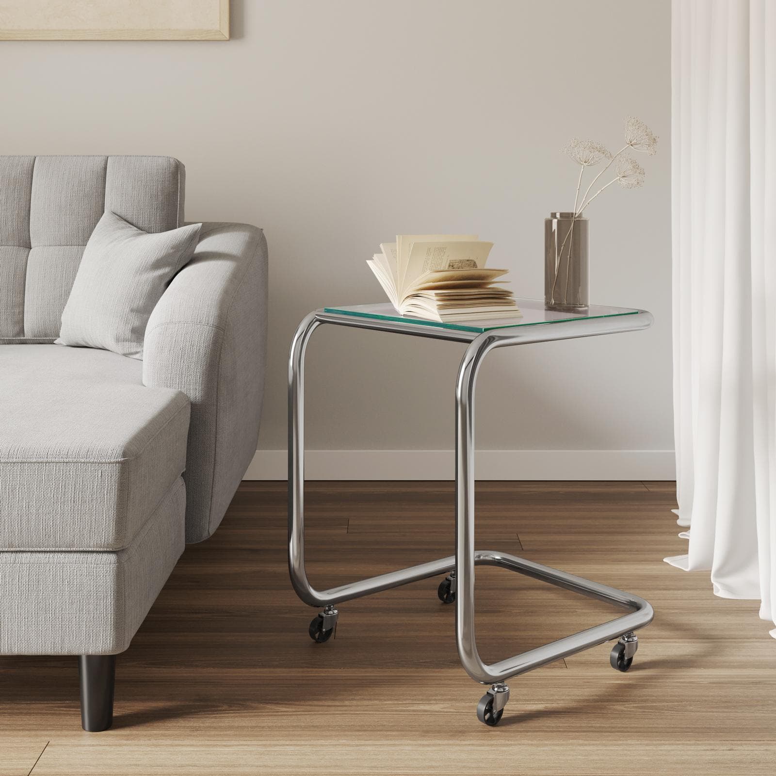 Tavolino 50x46 cm con top in vetro e struttura in metallo cromo con ruote - Brim