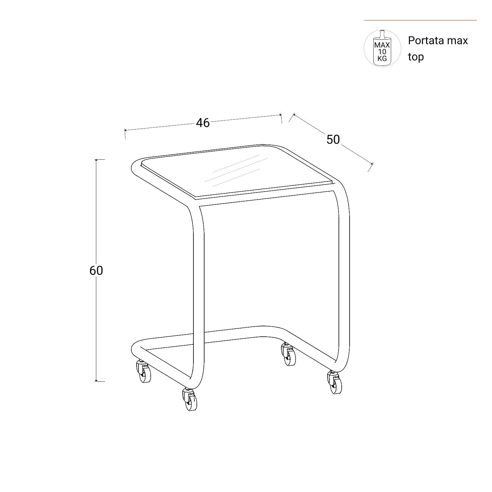 Tavolino 50x46 cm con top in vetro e struttura in metallo cromo con ruote - Brim