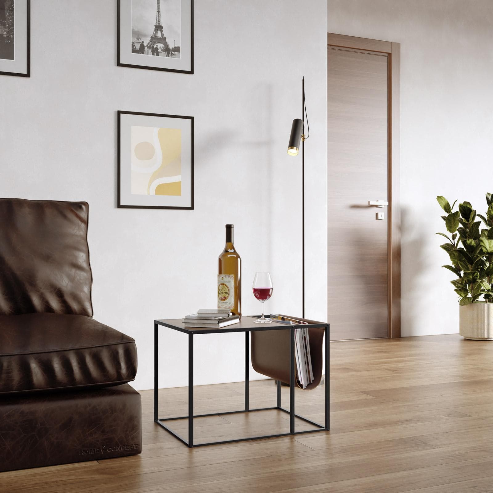 Tavolino 55x41 cm in legno noce e struttura in metallo nero con portariviste in similpelle cacao - Cellar