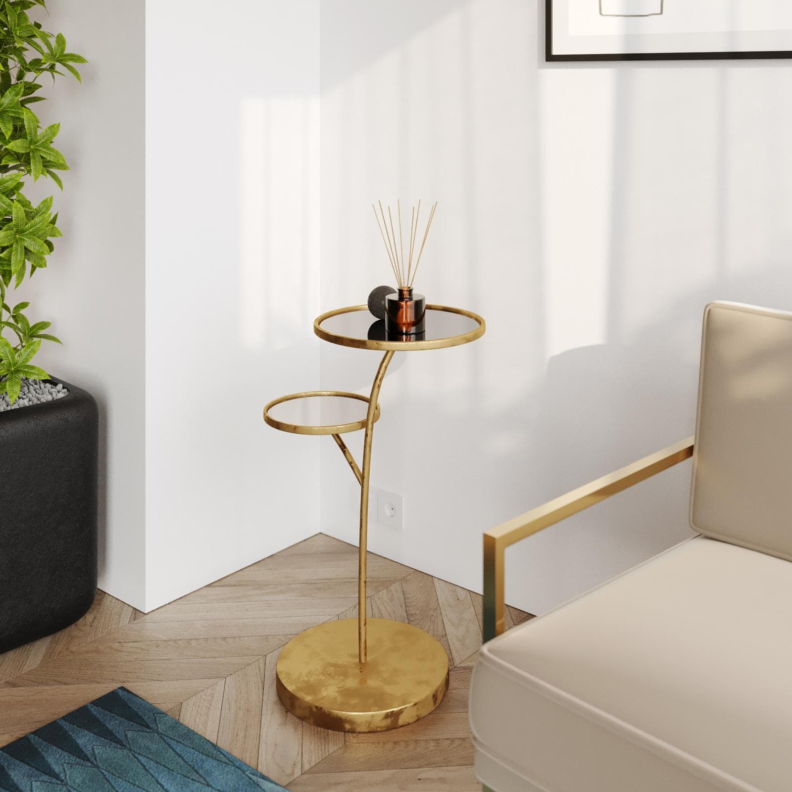 Tavolino 55x72h cm oro con piano in vetro specchiato - Richmond