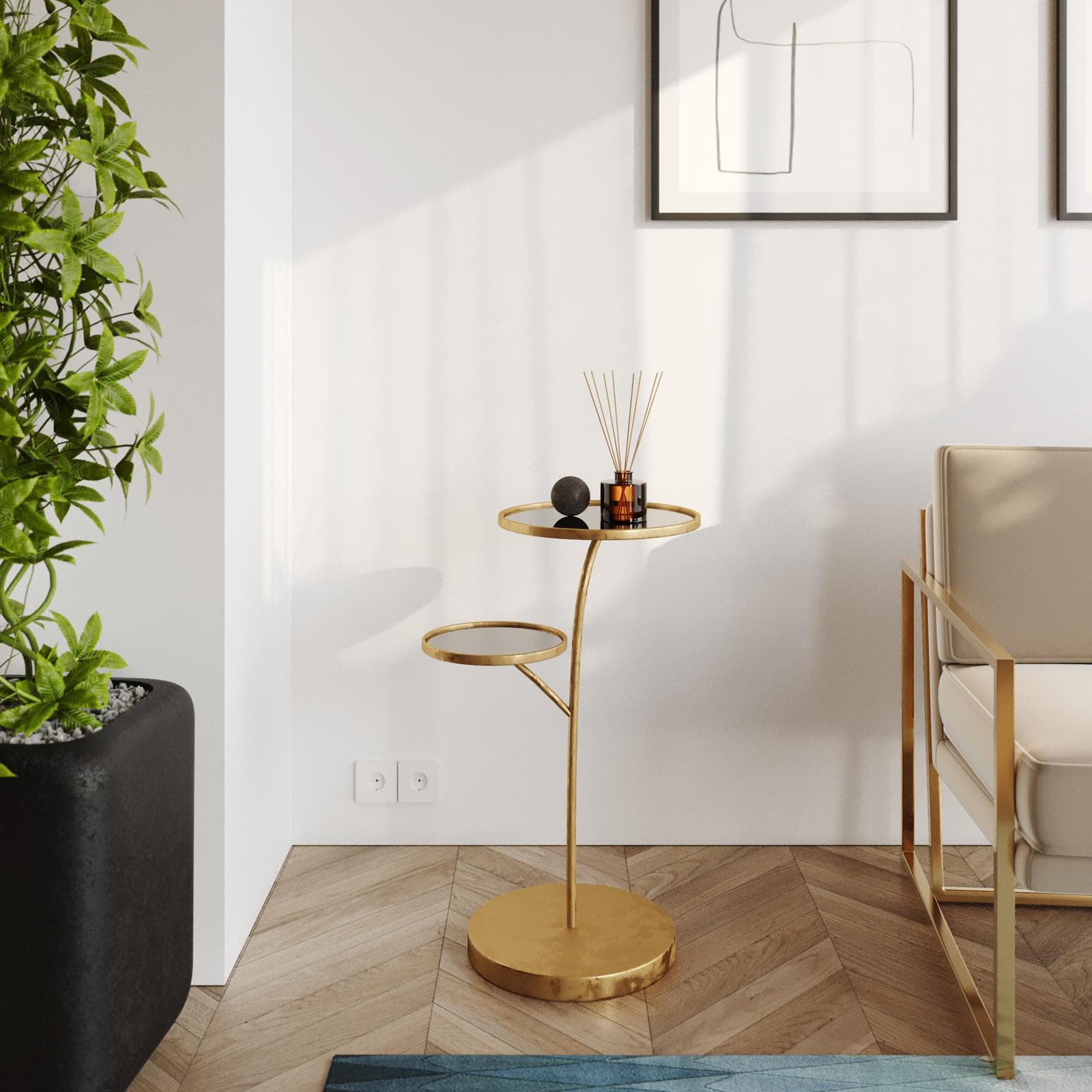 Tavolino 55x72h cm oro con piano in vetro specchiato - Richmond