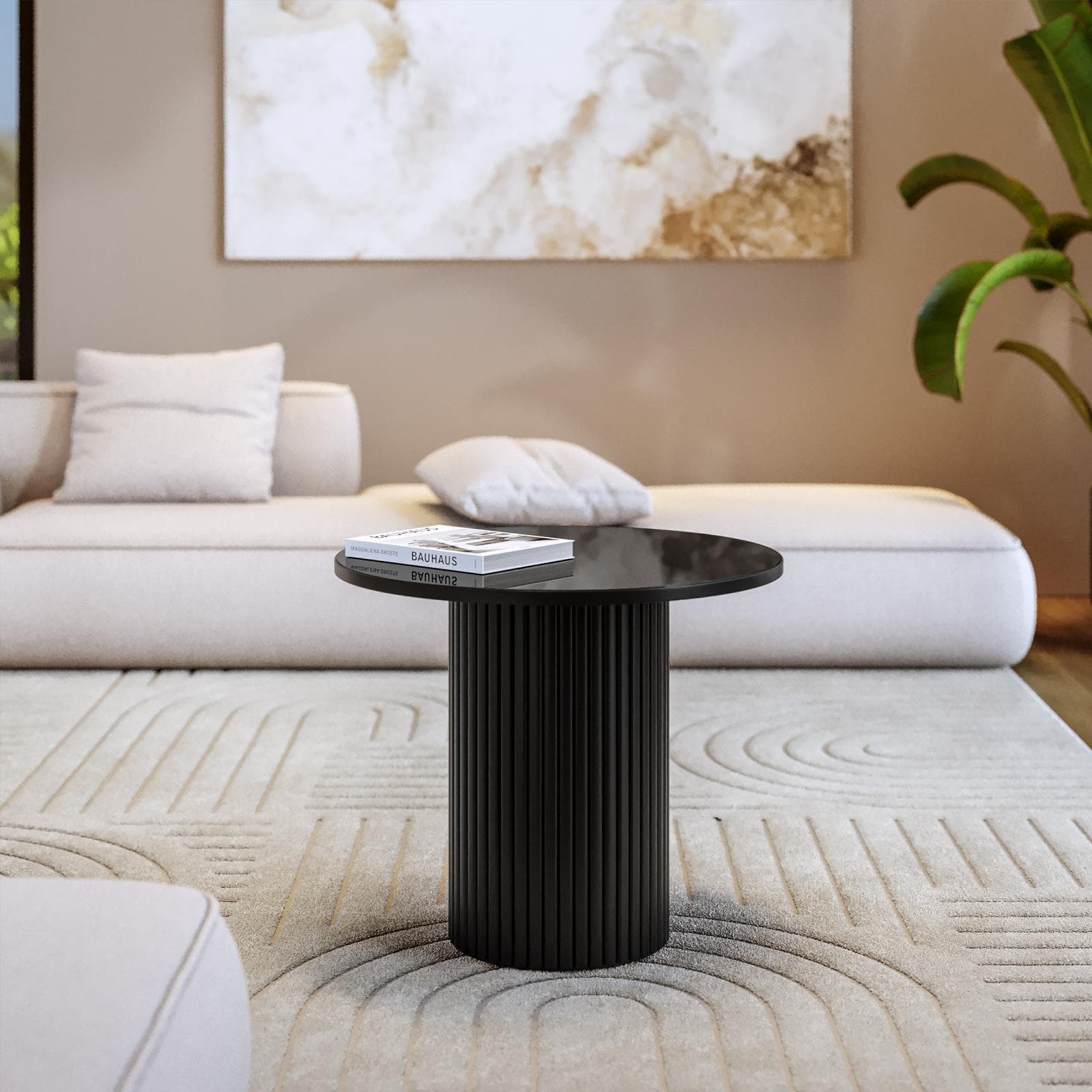 Tavolino rotondo 60 cm con top in marmo nero e base in legno nero cannettato - Felipe