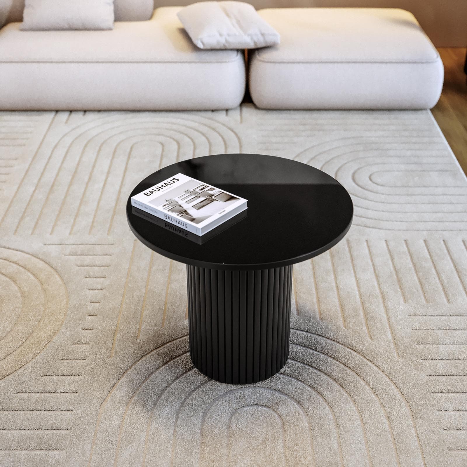 Tavolino rotondo 60 cm con top in marmo nero e base in legno nero cannettato - Felipe