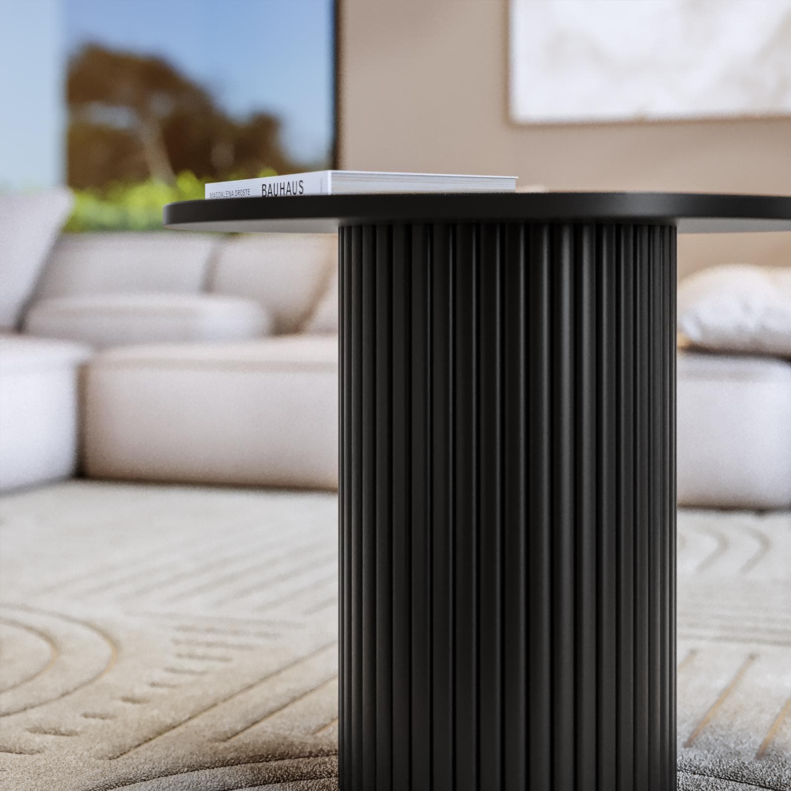 Tavolino rotondo 60 cm con top in marmo nero e base in legno nero cannettato - Felipe